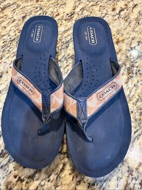 Coach Navy and Tan Signature Logo Wedge Flip Flops